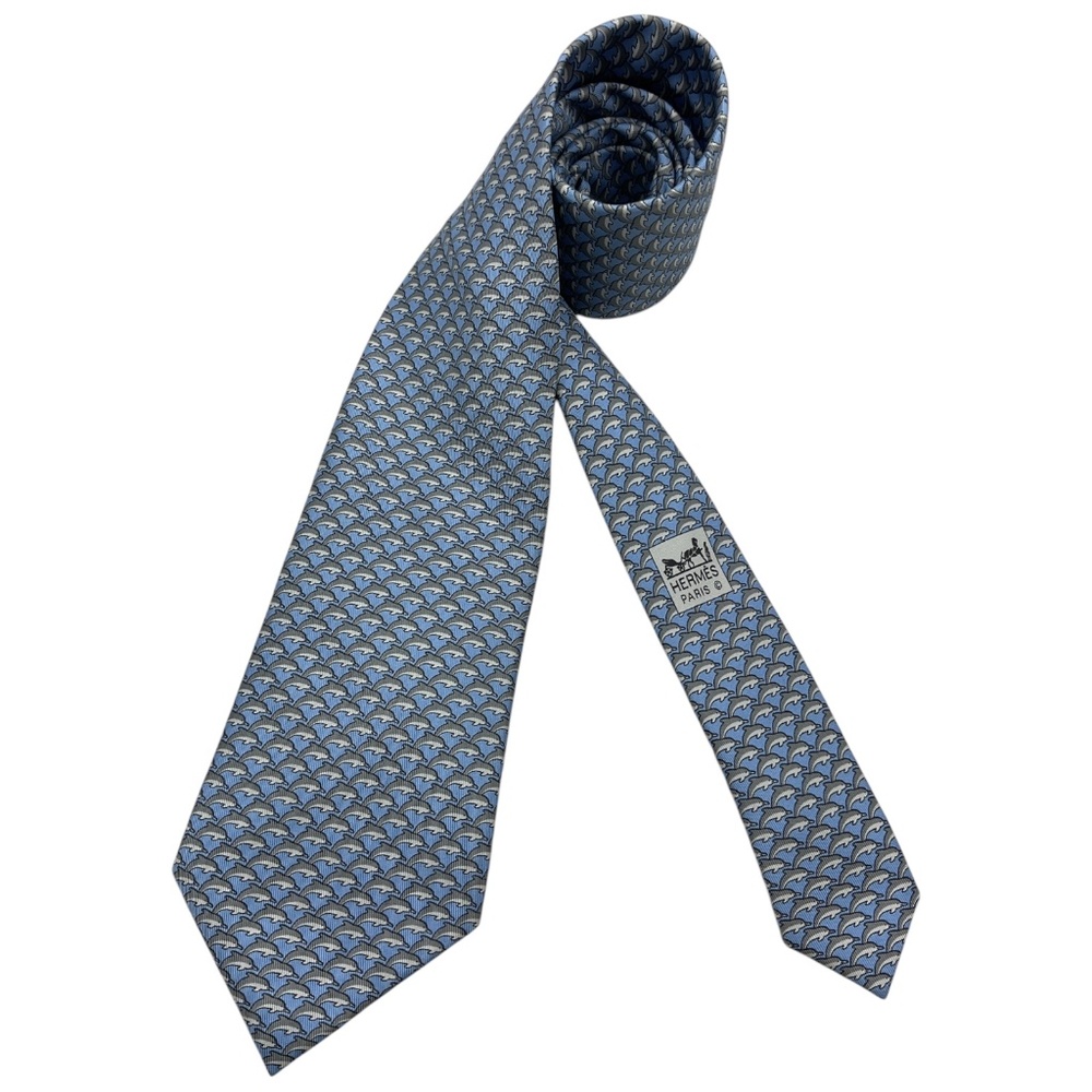 SOLD HERMÈS 5022 PA Blue/Gray Dolphin Silk LUXURY Tie FRANCE